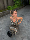 Blancine top med zebraprint - Sort/beige