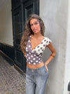 Nickeline v-neck top med polka prikker - Brun/off white