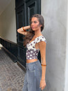 Nickeline v-neck top med polka prikker - Brun/off white