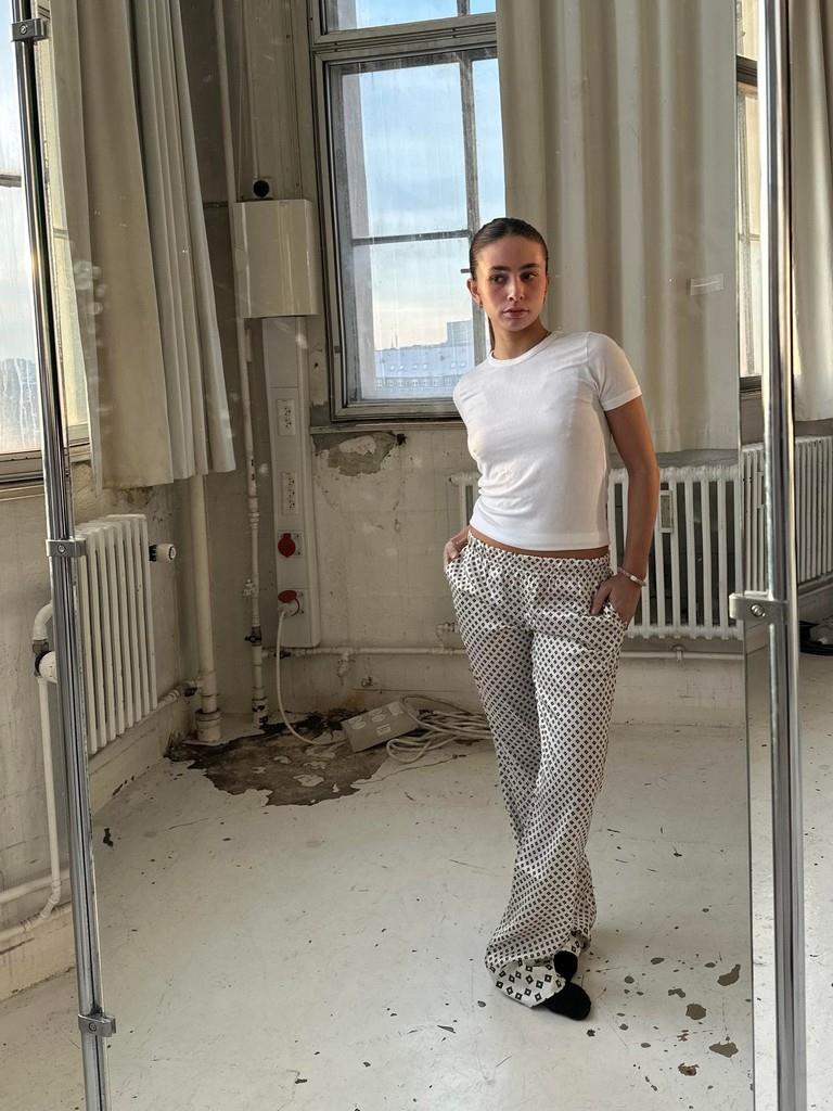 Lona lavtaljet satin bukser - Off-white/grøn